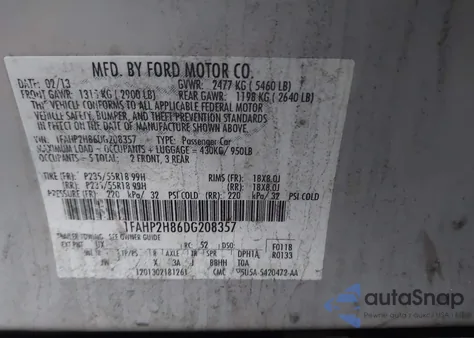 2013 Ford Taurus Sel из США, поврежденный, VIN 1FAHP2H86DG208357